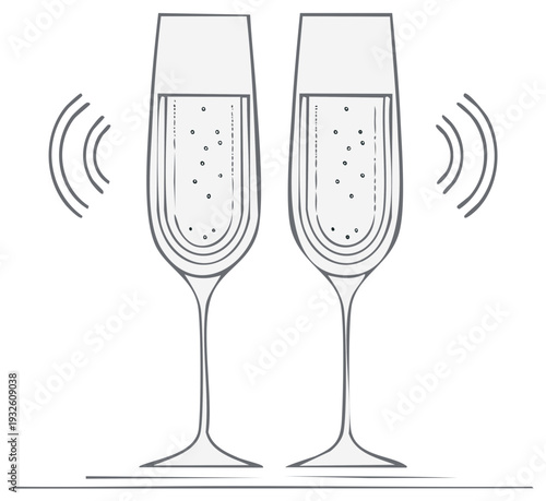 Elegant champagne glasses with bubbly beverage and wavy line icons representing celebration