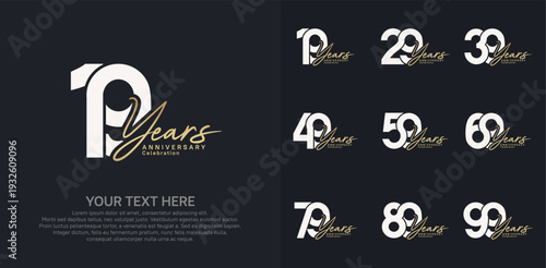Anniversary logo set vector design, white and golden color for celebration event