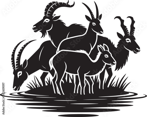 Group of wild antelopes in natural habitat with grass, animal silhouette vector illustration