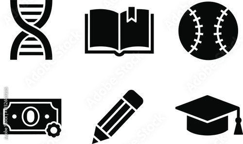 The image displays a collection of simplistic black icons representing diverse concepts such as genetics education sports finance and achievement