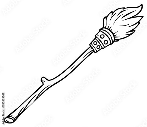 Cartoon Tribal Torch with Flickering Flames Black and White Outline Illustration