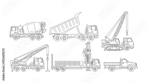 Construction Vehicles in Outline: A detailed collection of construction vehicles, meticulously outlined to showcase the intricate designs of various machinery used in the building industry.