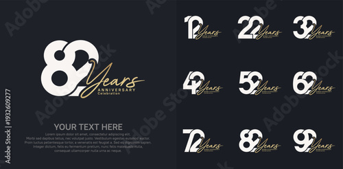 Anniversary logo set vector design, white and golden color for celebration event