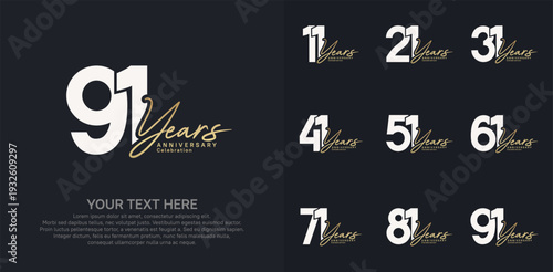 Anniversary logo set vector design, white and golden color for celebration event