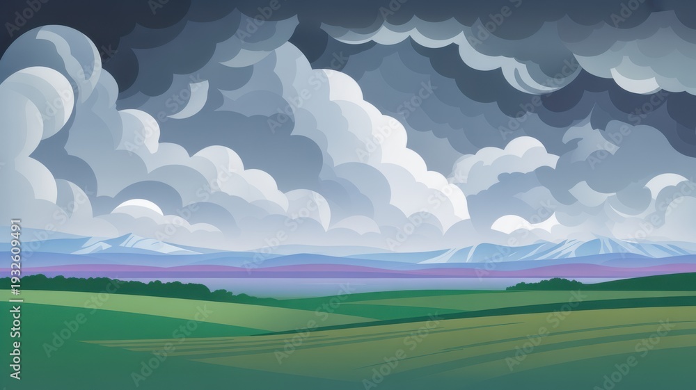 Fototapeta premium Dramatic landscape with storm clouds over green fields and distant mountains