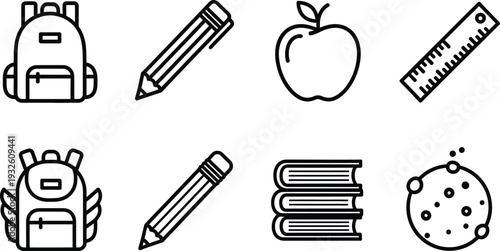 a collection of school supplies is displayed in a simple black and white line art style including books apples and pencils