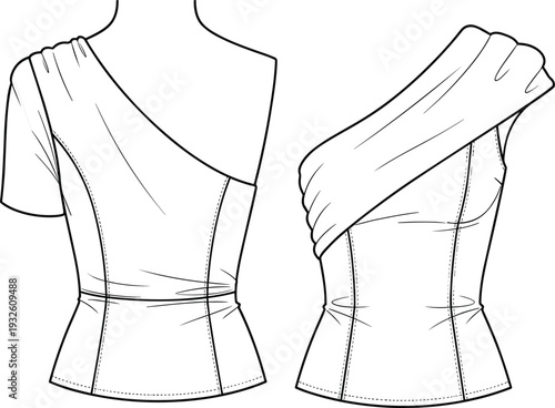 One Shoulder Draped Top Fashion Flat Sketch Technical CAD Drawing Flat Vector Illustration with Front and Back Views for Apparel Design