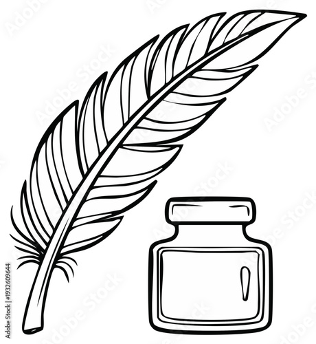 Quill pen and ink bottle illustration in black and white