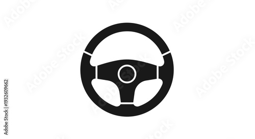 Minimalist flat vector illustration of a steering wheel icon, front view, solid black silhouette.