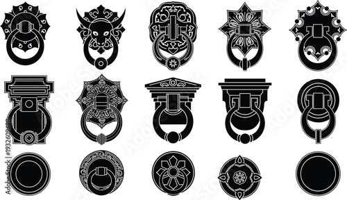 Ornate Antique Door Knocker Silhouette Collection Featuring Traditional Oriental Lion Bull and Geometric Decorative Vintage Metal Hardware Elements for Architecture and Interior Design Projects