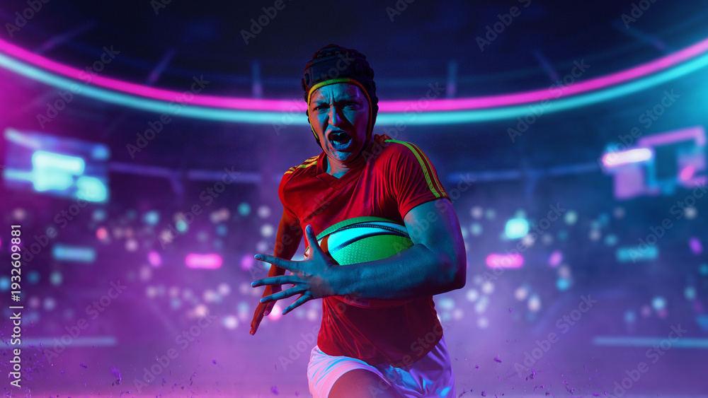 Fototapeta premium Female rugby player shouting while running with ball in neon arena. Concept of passion, aggressive play, professional women sport promotion and high impact competition energy.