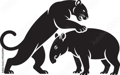 Jaguar attacking tapir silhouette wild cats predatory animals hunting graphic vector illustration