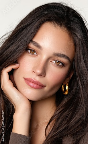 Beautiful woman with long dark hair, golden hoop earring, natural makeup, soft smile, smooth skin, brown eyes, hand on face