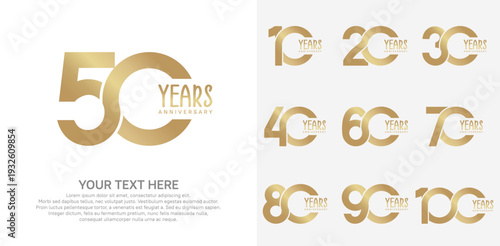 Anniversary logo set vector design, gold color for celebration event