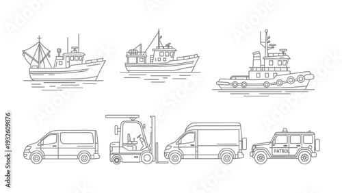 Transportation Icons Set: A comprehensive collection of meticulously designed line art icons featuring various modes of transport, perfect for visual communication and design projects.