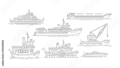 Boats in action: A collection of various boat illustrations showcasing different types of vessels, each with their own unique design and purpose. From passenger ships to cargo carriers.