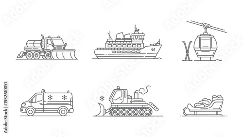 Winter Transportation Collection: A collection of various winter transport icons, including a snowplow, ship, helicopter, ambulance, snowcat, and sled, illustrating seasonal mobility.