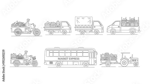 Transportation Variety: A line-art illustration showcases a diverse collection of transportation vehicles, highlighting the variety of transport in modern society. 