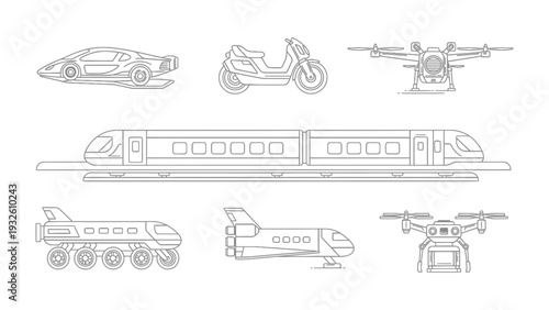 Assortment of Transportation: A collection of meticulously drawn modes of transportation including car, scooter, drone, train, aircraft, and spaceship. Depicting a clean, simple.