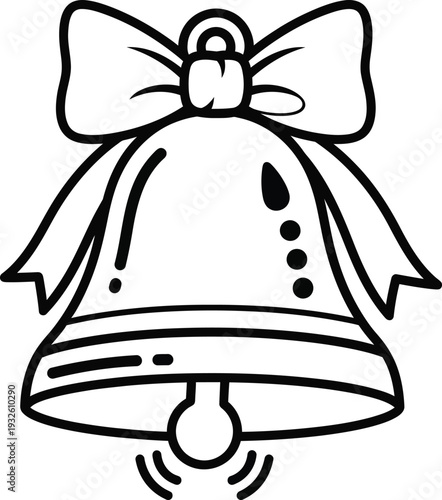 a simple black and white illustration depicts a classic bell shape adorned with a decorative bow suggesting festive themes and celebrations