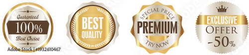 Four gold and silver premium quality guarantee badges on a white background
