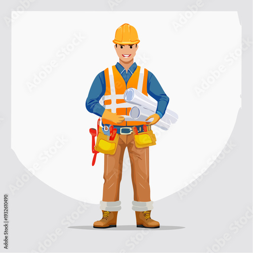 Construction worker in safety gear holding tools and blueprints.