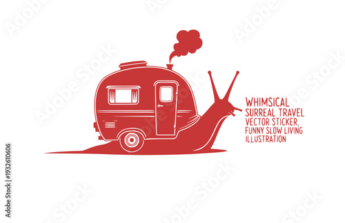 Snail with Vintage Caravan Shell Silhouette, Whimsical Surreal Travel Vector Sticker, Funny Slow Living Illustration