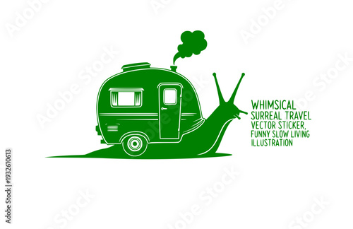 Snail with Vintage Caravan Shell Silhouette, Whimsical Surreal Travel Vector Sticker, Funny Slow Living Illustration
