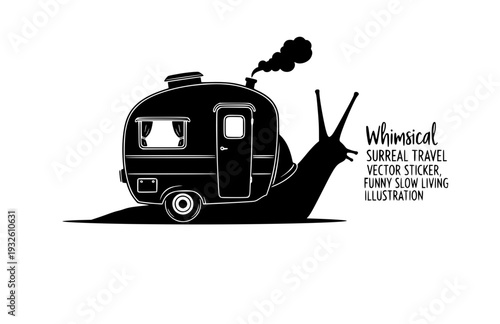Snail with Vintage Caravan Shell Silhouette, Whimsical Surreal Travel Vector Sticker, Funny Slow Living Illustration