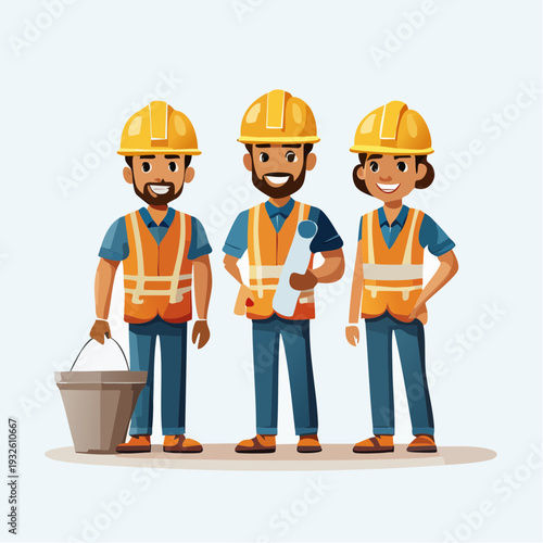 Three construction workers in yellow hard hats and orange safety vests standing together.