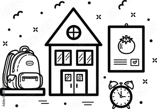 a simple illustration depicts school essentials like a backpack house clock and tomato artwork symbolizing education and learning high quality professional