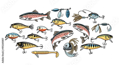 Collection of various fishing lures and bait for catching fish in the water.
