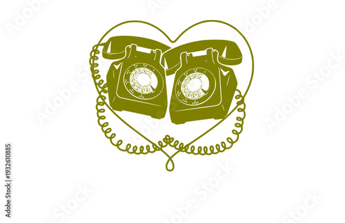 Intertwined Rotary Phones Heart Silhouette, Retro Communication Connection Vector Sticker, Nostalgic Love and Tech Illustration