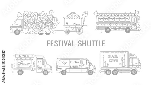 Festival Shuttle Lineup: A series of illustrations depicts a variety of festival shuttle vehicles, showcasing different purposes and designs. The illustration captures a festival's vibrant essence.