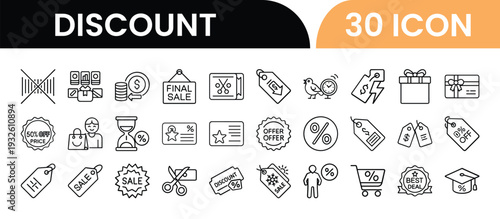 Thirty discount icons for promotional and sale events online