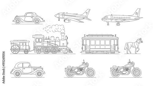 Vehicular Variety: A collection of various means of transport, from vintage automobiles to sleek aircrafts and classic train, all in detailed line art.