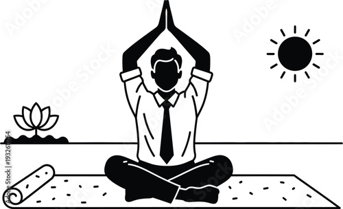 a silhouetted businessman is peacefully meditating in the lotus position with a yoga mat and sun high quality professional detailed modern