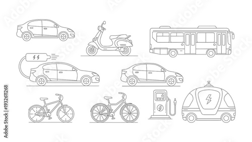 Sustainable Transportation: A collection of various eco-friendly vehicles, including electric cars, scooters, buses, and bicycles, showcases sustainable transportation options for a greener future.