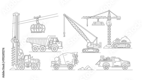 Construction Equipment Line Art: A detailed illustration showcases various heavy construction machinery essential for building and infrastructure development.