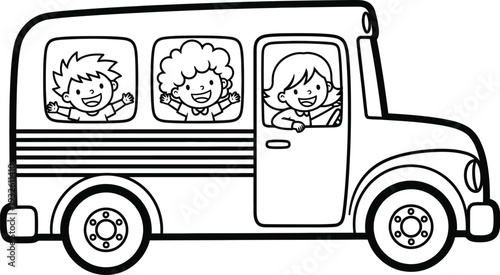 a simple black and white illustration depicts a school bus with three happy children peeking out of its windows showcasing a cheerful scene