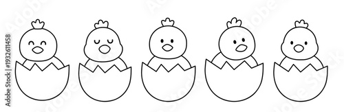 Cute farm chicks sitting inside broken eggshells outline and Templates set.
Spring Easter chick coloring pages for kids. 
White background. SVG.