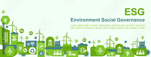 ESG Environmental Social Governance Horizontal Banner Background for Business Sustainability, Modern Infographic Vector.