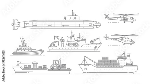 Fleet of Transports: Detailed line art showcases a variety of vessels and aircraft used in transport. Including submarine, military and cargo ships, helicopter, and other marine vehicles. 