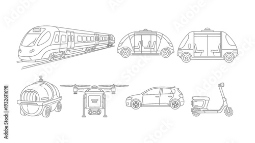 Transportation of the Future: A diverse array of cutting-edge transportation modes, illustrating the evolving landscape of mobility, from high-speed trains to futuristic vehicles.
