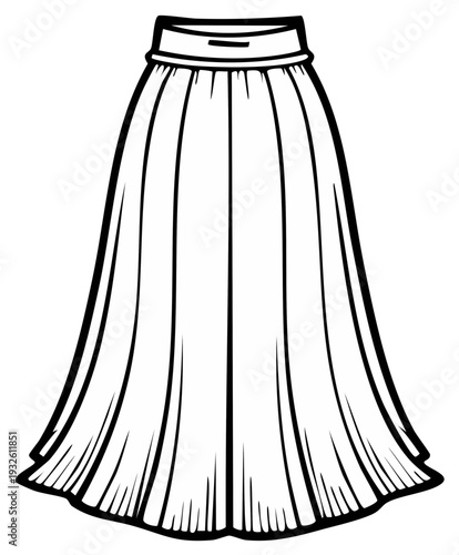 Outline of a flowing pleated skirt with a wide waistband and flared hem detail