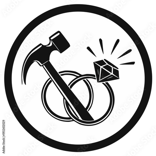 Creative emblem for jewelry crafting featuring a hammer two intertwined wedding bands and a sparkling diamond