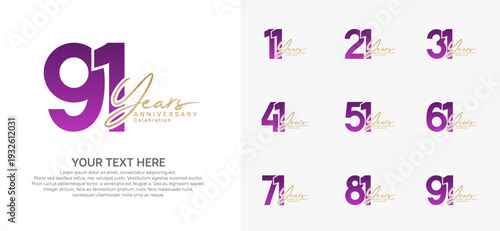Anniversary logo set vector design, purple and gold for celebration event
