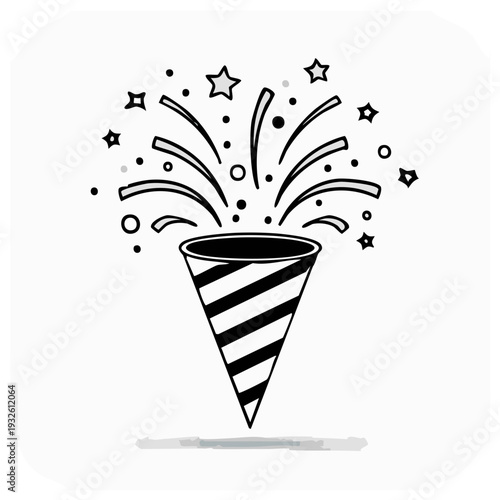 Festive party popper illustration with exploding confetti and stars.