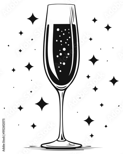 Elegant champagne flute with effervescent bubbles and twinkling celebratory sparkles
