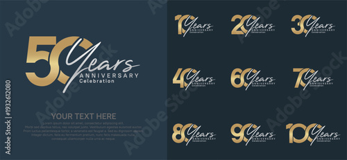 Anniversary logo set vector design, gold and silver color for celebration event